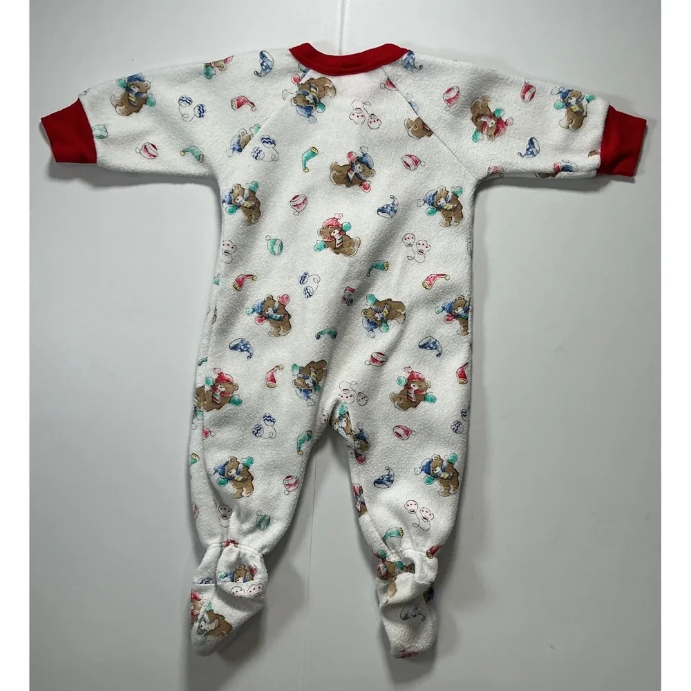 VTG 90s Carters Christmas Fleece Footed Sleeper Baby 6-12M Winter Bear White